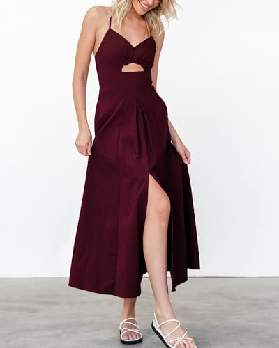 BTFBM Women 2026 Spaghetti Strap Midi Summer Dresses Sleeveless V Neck Cutout Slit Casual Beach Party Maxi Dress Pockets(Wine Red, X-Large) — view 4