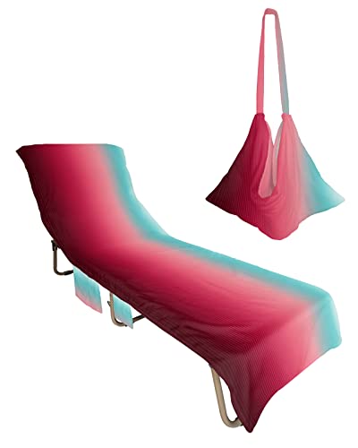 Gradient Teal Beach Chair Towel Covers for Chaise Lounge with Side Pocket, Soft Plush Pool Towels Cover for Patio Sunbathing Outdoor 29''x85'' Modern Geometric Abstract Rose Red Stripes