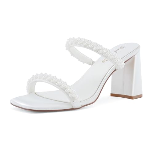 Image of Shoe'N Tale Pearl Strappy Heels for Women Two Band Chunky Block Heeled Sandals Square Open Toe Backless Mules Slip On Pumps Dressy Shoes