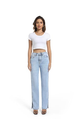 Womens Jeans High Waisted Stretchy Straight Leg Split Hem Jeans for Women Trendy Classic Denim2