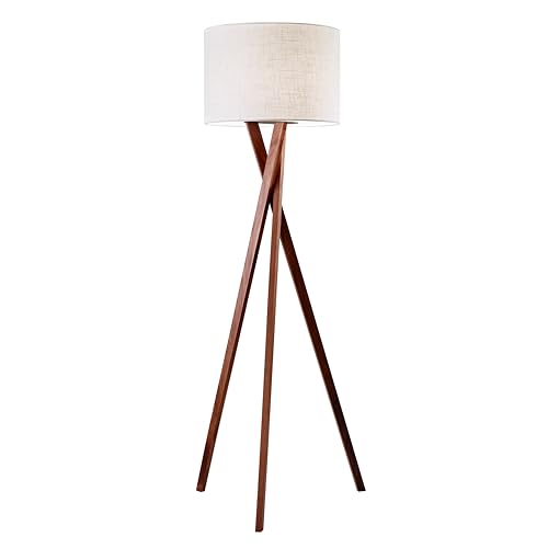 Adesso Floor Lamp with Walnut Tripod Base and White Linen Lampshade – Lamp for Bedroom, Living Room, and House Décor, 63” x 20”