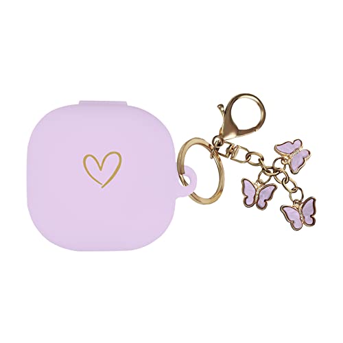 AIIEKZ Compatible with Samsung Galaxy Buds FE/ 2 / Buds Pro/Buds Live/Buds 2 Pro, Soft Silicone Case with Gold Heart Pattern with Cute Butterfly Keychain for Girls Women (Purple)