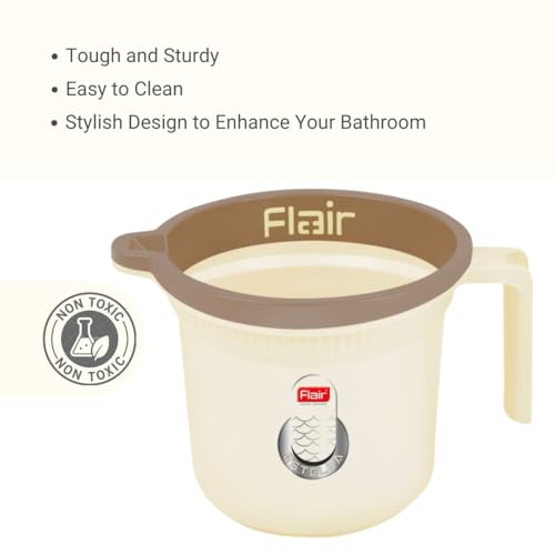 Image of FLAIR Estella Plastic Bath Mug Set of 2 - Durable, Lightweight & Stylish - Ideal for Daily Use in Bathroom & Kitchen (Beige, 1 LTR)