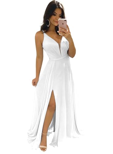 Women's Chiffon V Neck Bridesmaid Dresses Long with Slit Pleated Empire Waist Formal Dress with Pockets