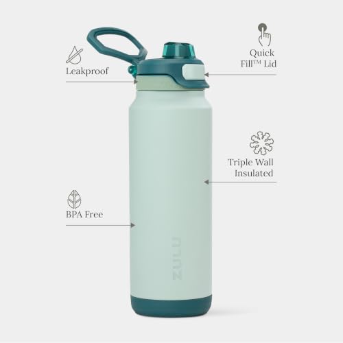 Image of ZULU Powerfill Pro 32oz Stainless Steel Water Bottle with Quick Fill Lid, Triple Walled Vacuum Insulated Metal, Leak Proof Locking Lid, Sip and Chug, Reusable BPA Free, Evergreen