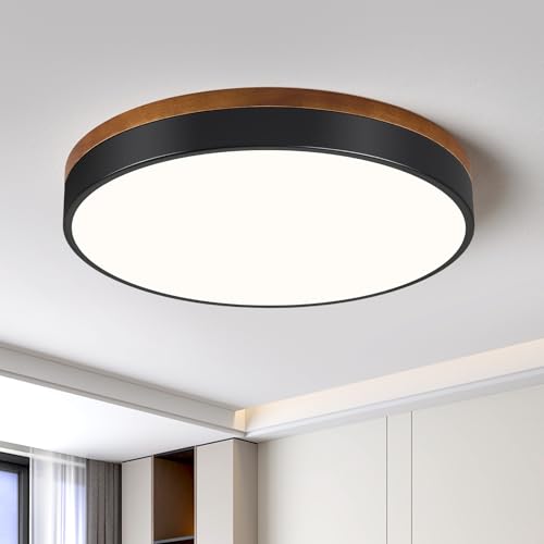 Image of Modern Walnut Wood Black Flush Mount Ceiling Light 15.74 Inch