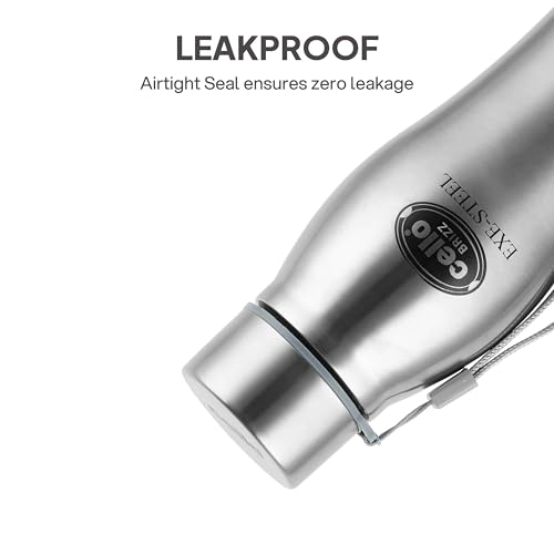 Image of CELLO Brizz 1000 Exe-Steel Stainless Steel Water Bottle 1000 ml, Silver | ISI Certified, Single Walled, Leakproof Steel Bottle | Rust & Stain Proof, Easy to Carry Loop Dishwasher Fridge Water Bottle