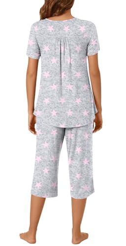 Image of Womens Summer Pajama Sets 2 Piece Short Sleeve Top and Capri Pants Plus Size Ladies Lounge Pjs Sets with Pockets
