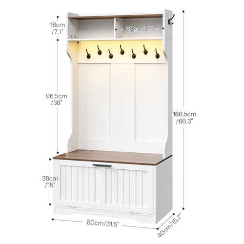 HOOBRO-Hall-Tree-with-Bench-157W-Entryway-Bench-with-Coat-Rack-Shoe-Cabinet-with-Flip-Drawer-LED-Hall-Tree-with-9-Hooks-and-2-Open-Compartments-Wooden-for-Hallway-White-and-Walnut-WH86DMT01