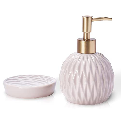 Ensemble distributeur de savon rond classique et porte-savon, motif losange en relief délicat avec pompe dorée, ensemble d'accessoires de salle de bain en céramique (kaki clair) Cover