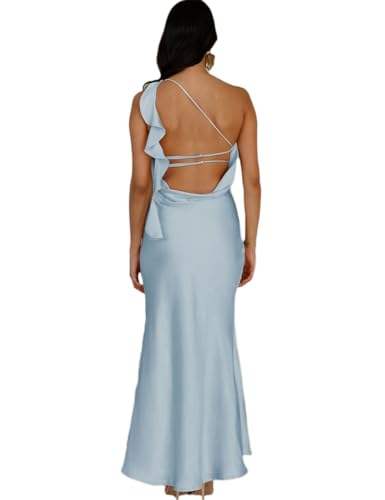 Image of Summer Satin One Shoulder Backless Ruffle Maxi Wedding Guest Dress Sexy Sleeveless Slit Midi Cocktail Dresses for Women 2025 Blue