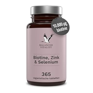 Balanced Vitality Biotine, Zink & Selenium – een jaarvoorraad van uw favoriete haarvitaminen – zonder toevoegingen – in laboratoria getest – voor haar, huid en nagels – 365 veganistische tabletten