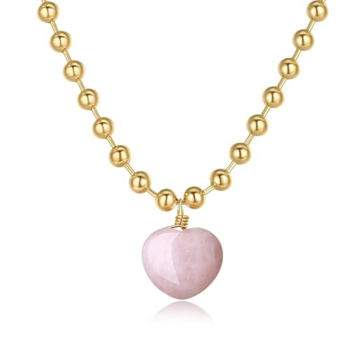 COAI Collar de Mujer de Cadena de Bolas de Acero Inoxidable Chapado en Oro con Colgante de Corazón de Cuarzo Rosa, Collar de Piedra Natural para Mujer