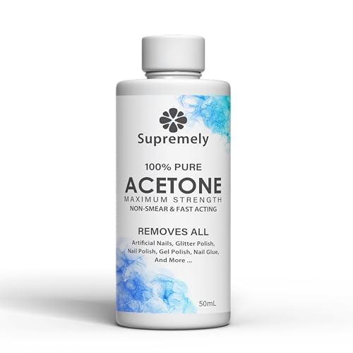 Supremely 100% Pure Acetone Nail Polish Remover - For UV/LED, Gel Soak Off, Acrylics, and Nail Tips - Removes All Types of Nail Polish, Gel Polish, and Glue - 50ML