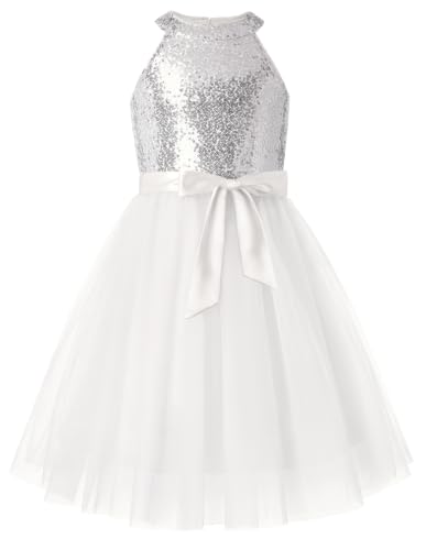 GRACE KARIN Girls Sequin Dress Halter Sleeveless Tulle Princess Party Wedding Flower Girl Dresses Size 10,White Silver