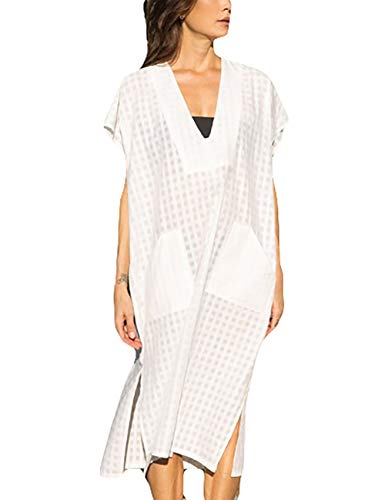 Bsubseach Women Plaid Swimsuit Cover Up V Neck Kaftan Dresses Caftan Maxi Dress