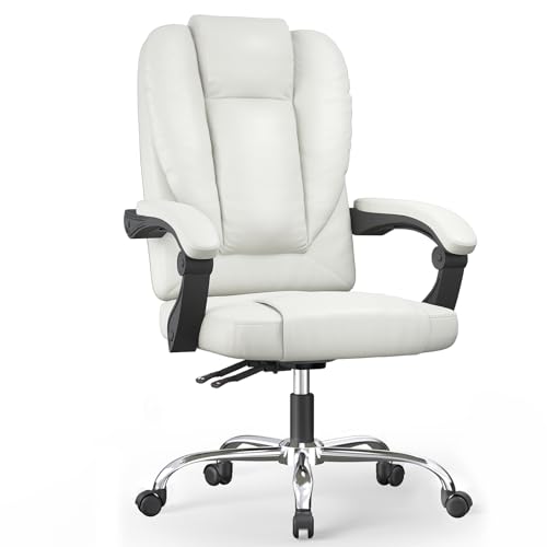 naspaluro Executive Ergonomic Office Desk Chair with Springs/Armrests, Comfy Big Tall Fabric Computer Work Chair, Heavy Duty Cross Legged Study Chairs, High Back Home Office Swivel White Chair
