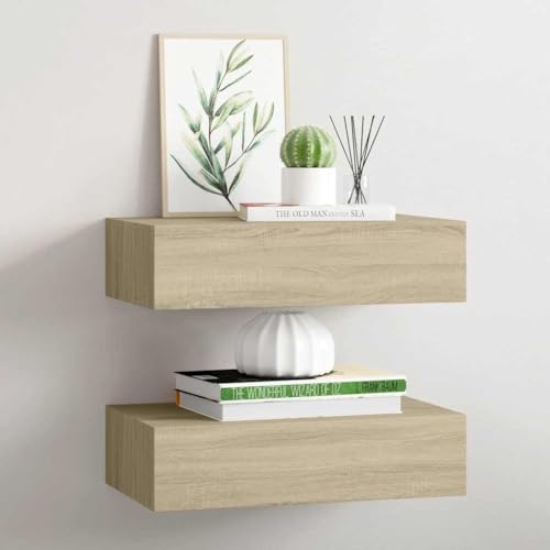 Mokuyary Estantes de Pared con cajón 2 uds MDF Roble 40x23,5x10 cm Estantería de Pared con 2 Cajones Mesita de Noche Flotante Estante con Cajón para Recibidor Dormitorio