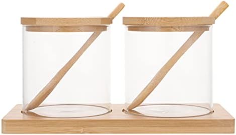 Hemoton Glass Terrarium Glass Condiment Jar with Wooden Lid Spoons Tray Seasoning Boxes Pots Container Seasoning Storage Container for Salt Sugar Condiment Terrarium