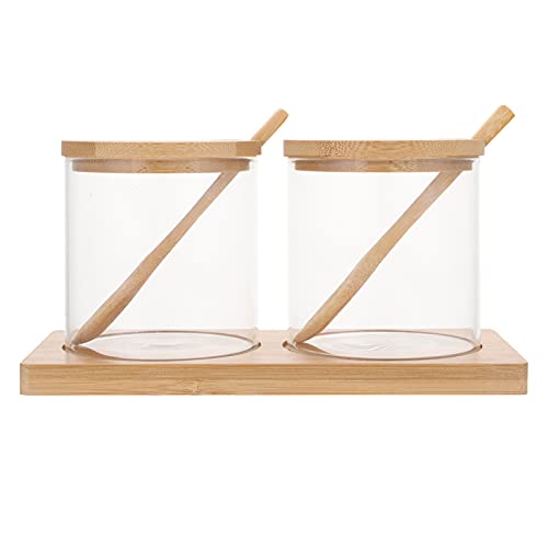 Hemoton Glass Terrarium Glass Condiment Jar With Wooden Lid Spoons Tray Seasoning Boxes Pots Container Seasoning Storage Container For Salt Sugar Condiment Terrarium #TOP3