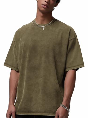 Adenorah Womens Oversized Tshirts Mens Basic Cotton Vintage T Shirts Plain Heavyweight Acid Tees Crew Neck Summer Tops, Green, Medium