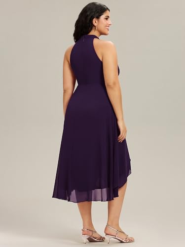 Image of Ever-Pretty Plus Women's Sleeveless Halter A Line Pleated High Low Plus Size Wedding Guest Cocktail Dresses 31926-DA