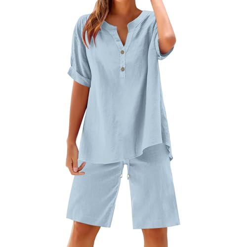 Ensemble lin femme été 2 pièces avec chemise et pantacourt décontracté
