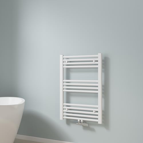 EMKE Toallero Baño Radiador, 75 x 50 cm, Tubo Redondo, Blanco, secador de Toallas con conexión Central, radiador secador de Toallas de Agua Caliente