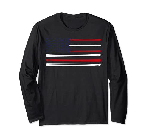 US Flag Drumsticks Drums Player Drummer Musician Drums Long Sleeve T-Shirt, Black