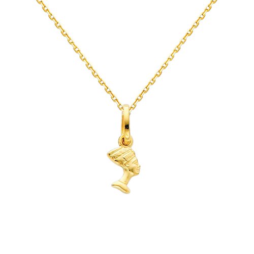 The World Jewelry Center 14k Real Yellow Gold Queen Nefertiti Pendant with 0.9mm Cable Chain Necklace
