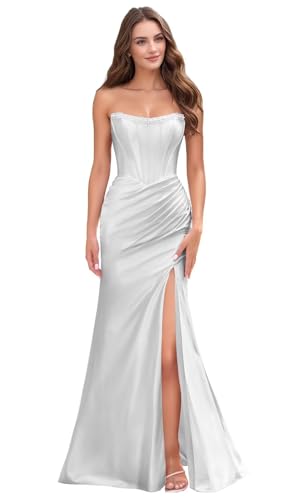Silver Prom Dresses with Slit Satin Long Formal Dresses for Women Strapless Scoop Neck Mermaid...