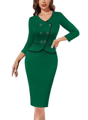 VFSHOW Womens 2024 Fall Work Business Dresses Double Breasted V Neck Office Slimming Peplum Pencil Sheath Dress