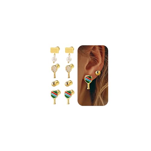 JNCTCOE 4 Pairs Cute Sports Earrings for Women Dainty Rhinetsone Pickleball Earrings Set Dainty Statement Sports Theme Pickleball Gold Stud Earring for Women Jewelry Gifts