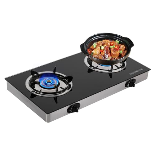 28 Inches LPG Gas Cooktop 2 Burners Cooktops w/Strong Flame, Portable Gas Stove Countertop Gas Hob Black Tempered Glass Dual Fuel Gas Cooker for RV, Apartments, Camper, Outdoor