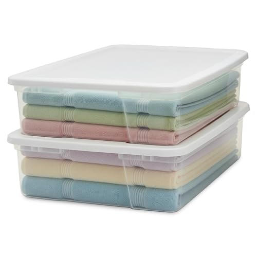 HOMZ Clear Plastic Storage Bins w/Snaplock Lids, 28 Qt, White, 2 Pack | Stackable Container Boxes for Bedroom, Bathroom, Garage, and Office Organization