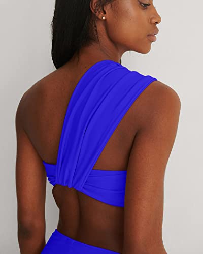 Womens One Shoulder Bikini Sets Ruched High Waisted Swimsuit Two Piece High Cut Cheeky Bathing Suits For Teens Dark Blue #TOP4