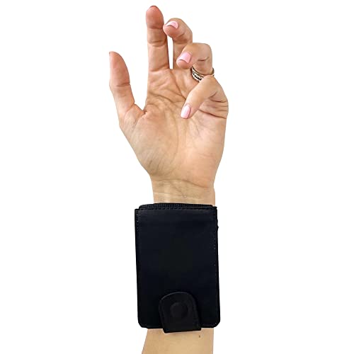 SPRIGS Wrist Wallet - Hidden Wallet Pouch with ID Window - Wristlet Travel Wallet w/Flip Open Magnetic Tab to Hold Cash, Card, ID's - Wrist Pouch with Zipper for Running/Walking - Black, Large/XL