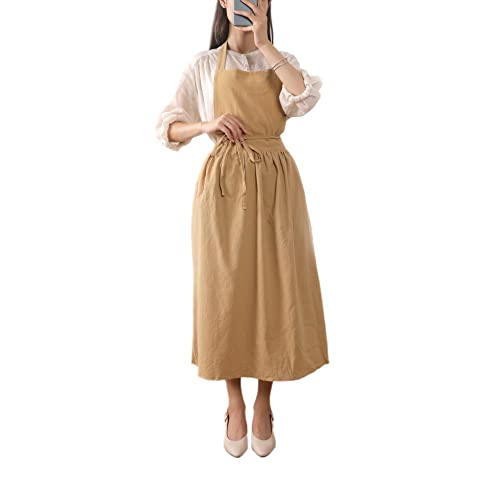 Apron Dress For Women Cute Cotton Linen Pinafore Apron Gardening Cooking Baking (Caramel)