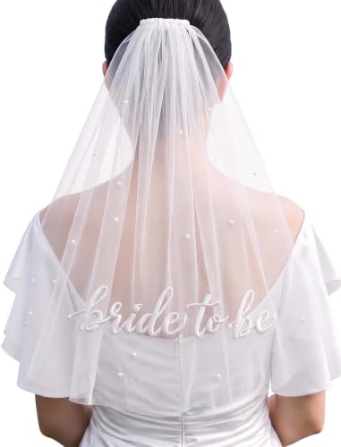 ADOME Veil White Short Wedding Veil Pearl Bachelorette Party for Brides - image 1