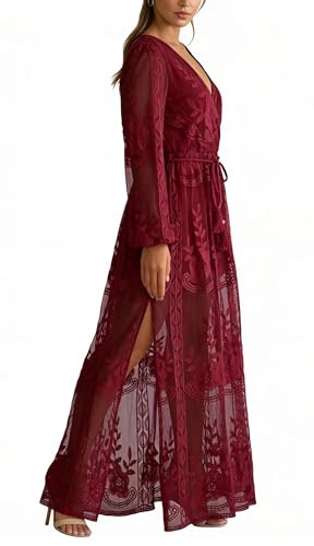 Image of LRISES Womens V Neck Floral Embroidered Lace Wedding Maxi Dress Boho Short Sleeve Slit Bridesmaid Evening Party Dresses