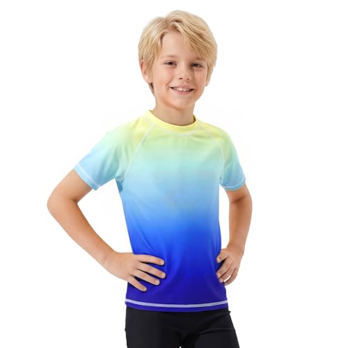 JinBei Camiseta Neopreno Niños Mangas Cortas Camiseta Natación Secado Rápido Traje de Baño Niño Protección Solar Bañador Infantiles Azul Degradado para Deportes Surf Playa, 8-9 Anos