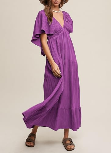 Image of Kikibell Women Summer Dresses Sexy V-Neck Maxi Dress Tiered Silhouette with Flutter Sleeve Backless Elastic Waist Flowy Dress