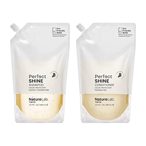 NatureLab Tokyo Perfect Shine Shampoo & Conditioner Refill Duo - Shiny Hair Products with Moisturizing Hyaluronic Acid & Iridescent Pearl, Cruelty-Free & No Sulfates (2 Products, 22.9 oz/680 ml)