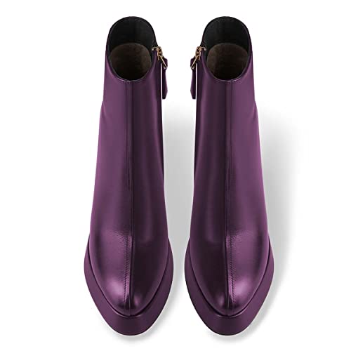 FSJ Women Elegant Round Toe Glossy Platform Ankle Boots Chunky High Heel Side Zipper Modern Street Walking Ladies Shoes Size 4-15 US4