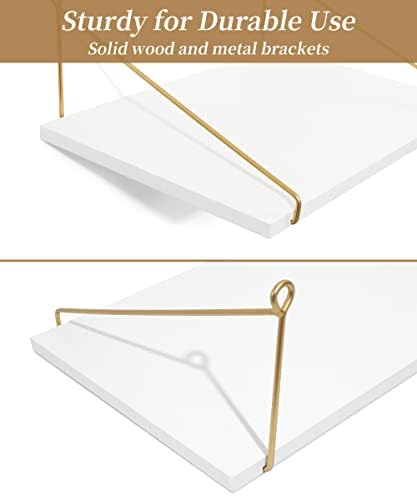 Afuly Wide Floating Shelves White Wood Wall Shelf with Gold Bracket Large Wall Organizer 12 inch Deep Storage Shelves for Bedroom, Bathroom, Living Room, Kitchen, Set of 2