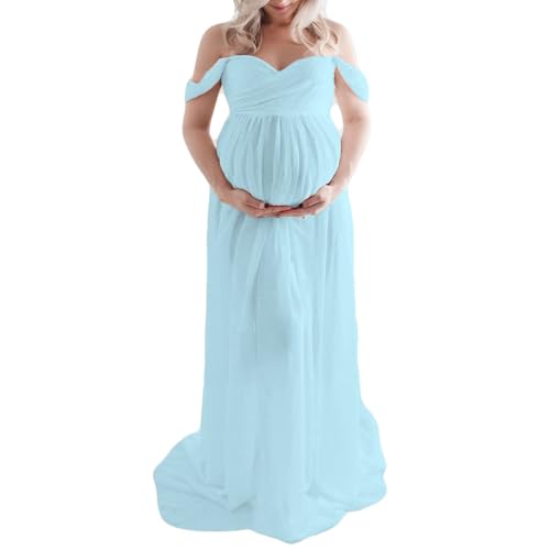 vewoza Vestido de maternidad para fotografía, de gasa, con hombros descubiertos, elegante, con abertura frontal, vestidos largos de embarazo para sesión de fotos, A-azul, M