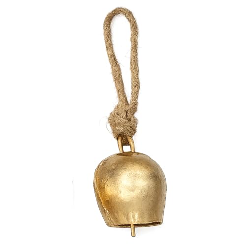 Image of Rustic Brass Hanging Bells Pack of 10 | Vintage Mini Bells with Rope for Home Decor, Diwali Pooja, Wall Art, Christmas & Craft Use