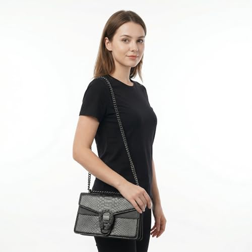 Image of Crossbody Shoulder Square Purse For Women - Fashion Embossed Snake-Print Leather Handbag Metal Chain satchel Tote Bag