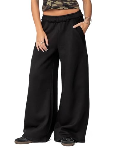 HeSaYep Womens Fleece Lined Sweatpants Wide Leg Baggy Thermal Lounge Pants Raw Hem Elastic Waist Oversized Sweat Pants
