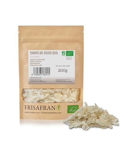 FRISAFRAN | Chips de Coco Deshidratado Ecológico 200g | Coco rallado natural | Sin Procesar | sin azúcar añadido | Sin Conservantes | Sabor Natural del Coco | Snack Bajo en Carbohidratos | Sin Aditivo